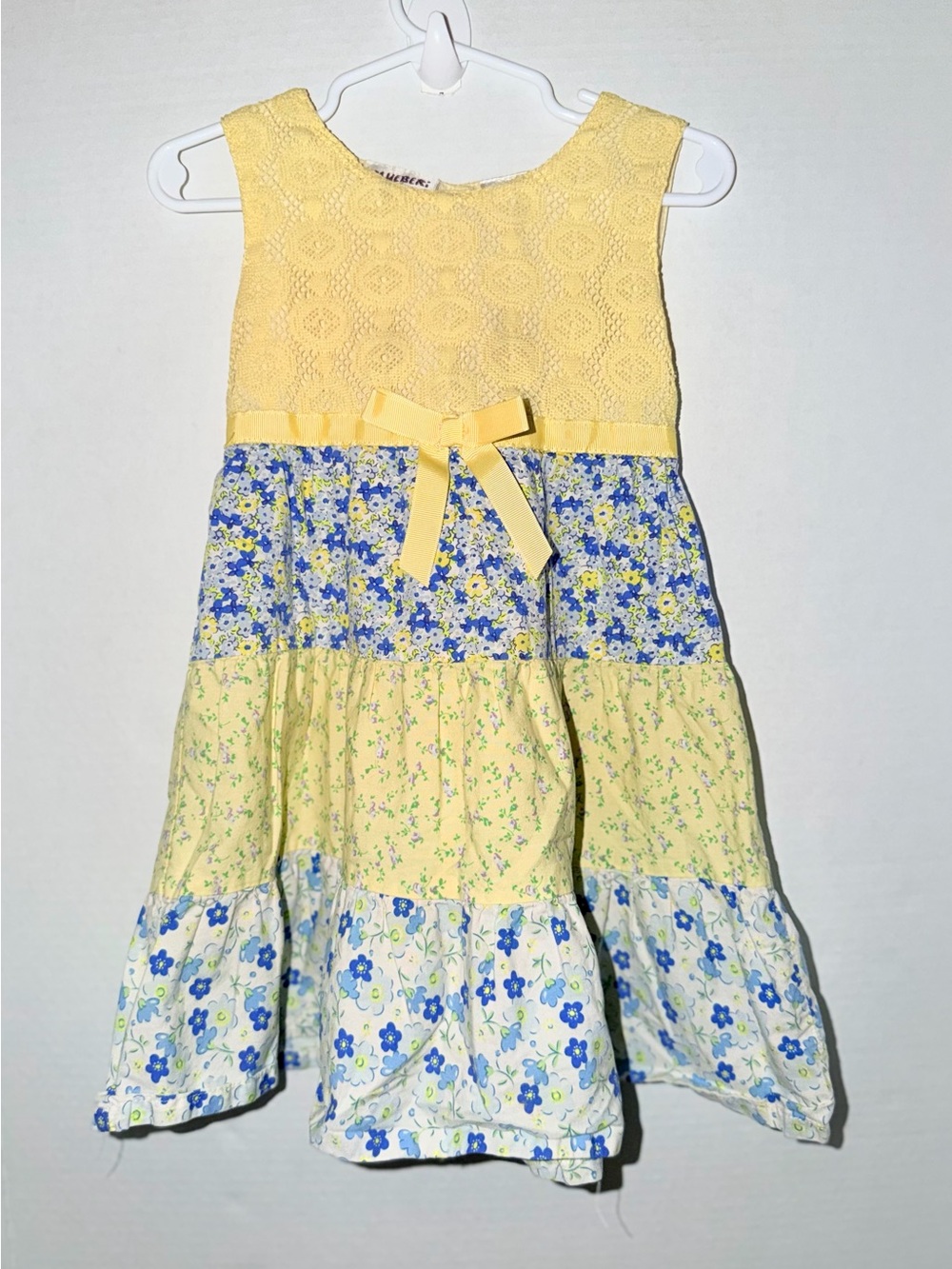 Blueberi Boulevard Yellow and Blue Floral Tiered Dress with Bow Accent
